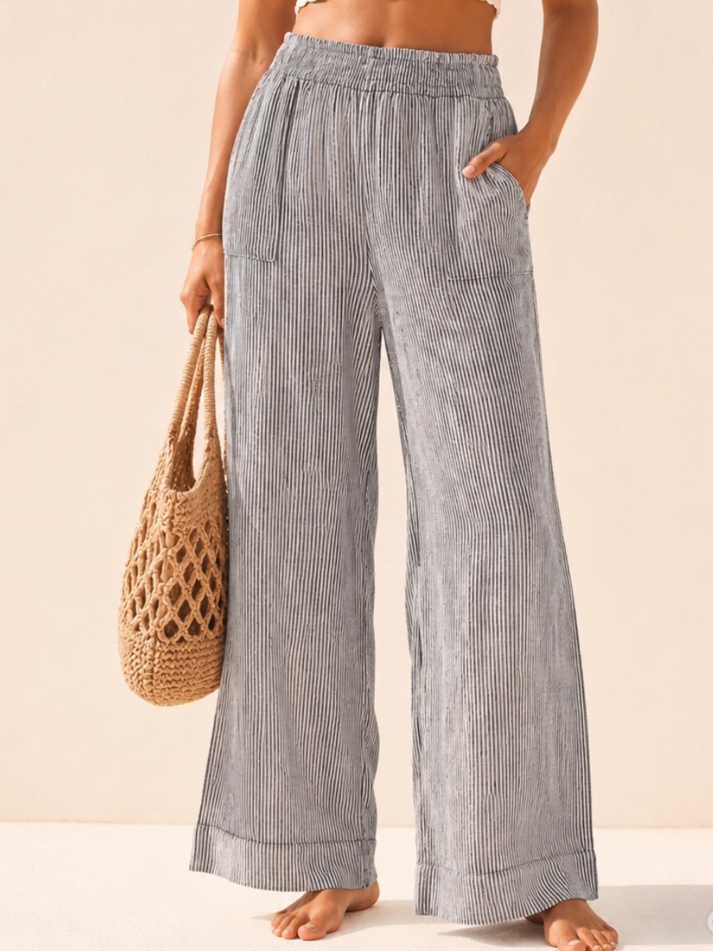 Time and Tru Linen Blend Wide Leg Palazzo Pants Boho Swim Coverup Beach M 8-10